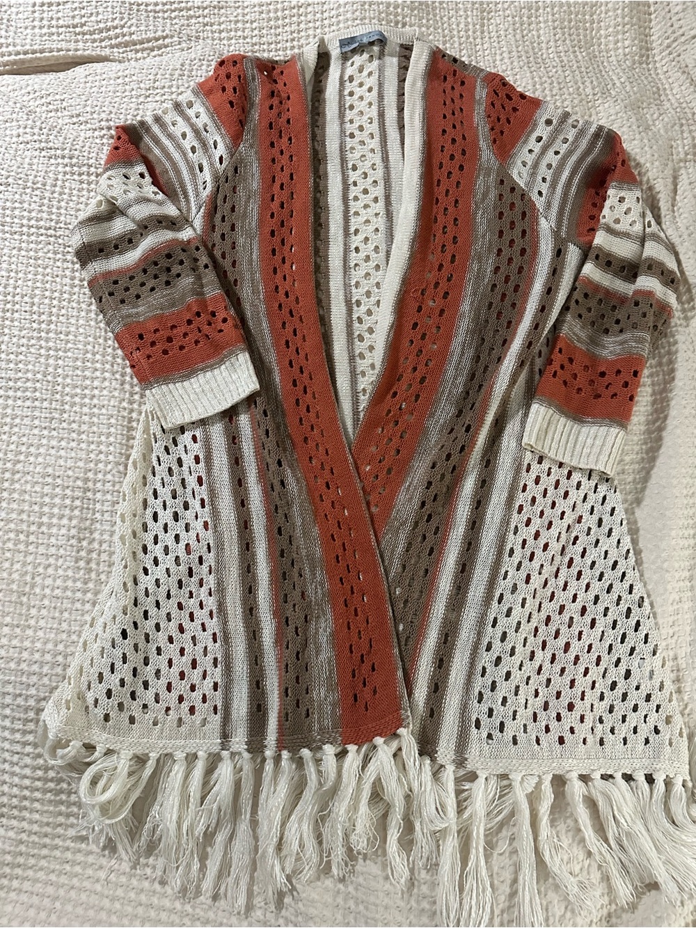 Absolutely Famous- Open-Front Striped Fringe Knit Cardigan - Cream & Rust